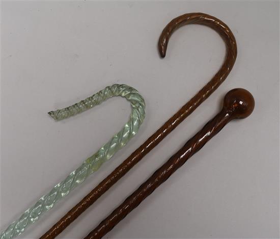 Three Victorian Nailsea glass walking sticks longest 130cm approx.